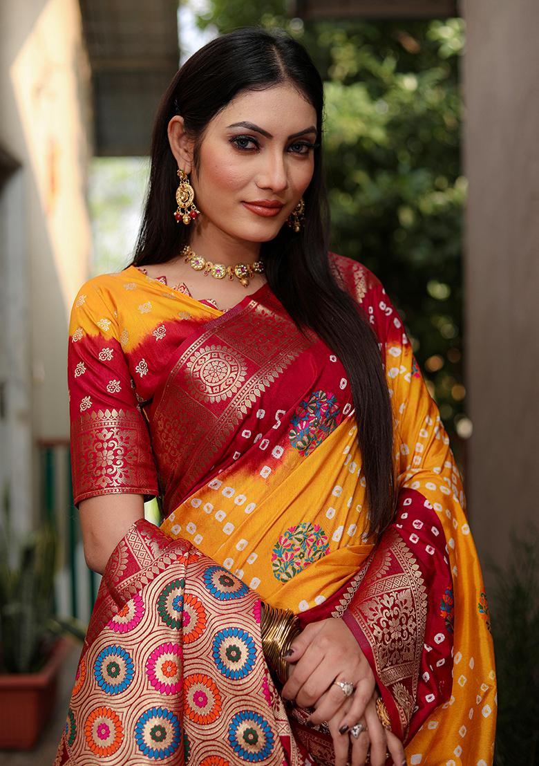 Yellow Meenakari Work Silk Saree Set