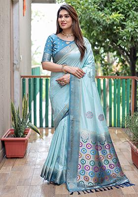 Sky Blue Woven Silk Saree Set