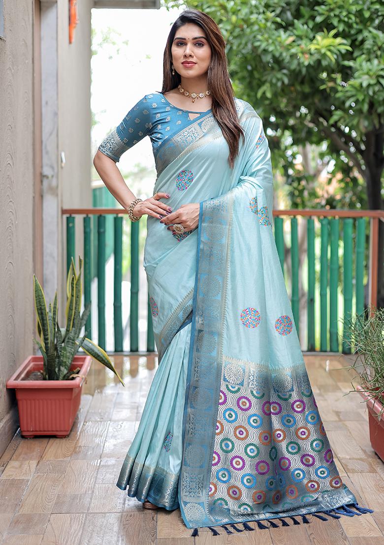 Sky Blue Woven Silk Saree Set