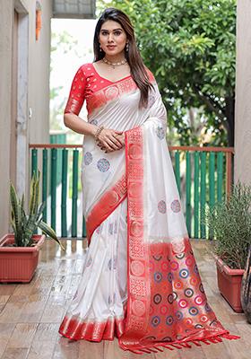 White Woven Silk Saree Set