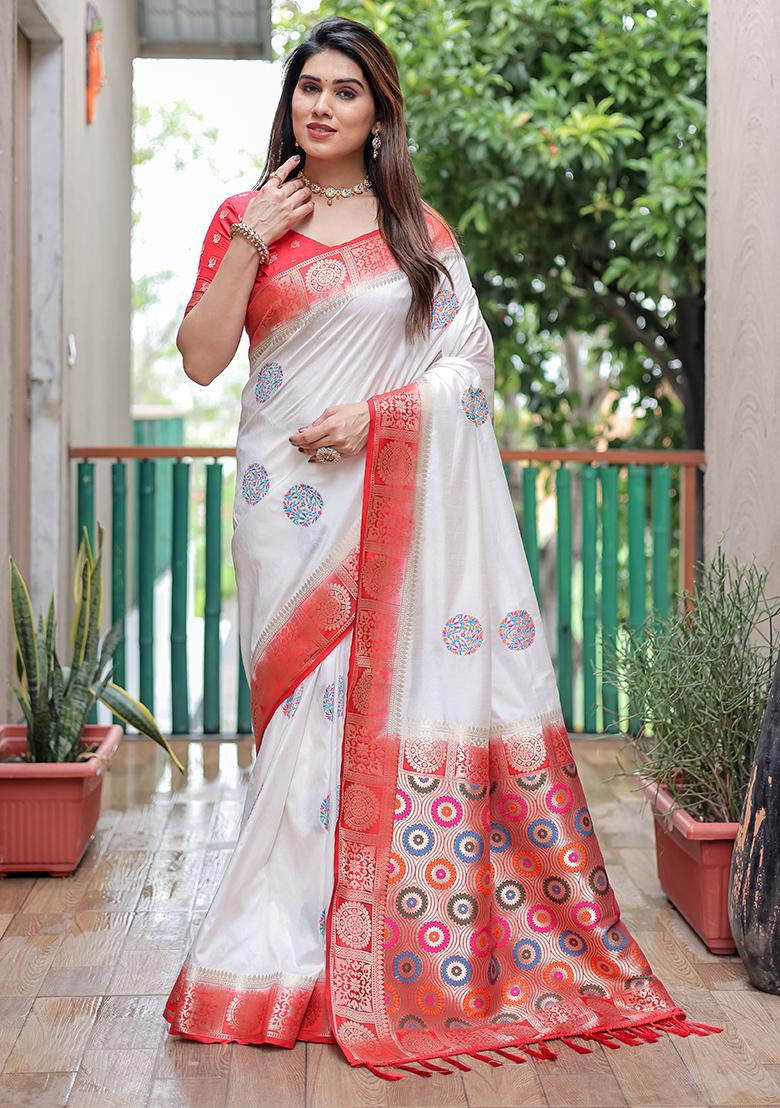 White Woven Silk Saree Set