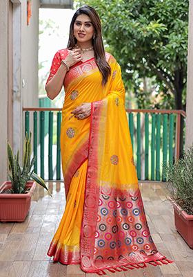 Yellow Woven Silk Saree Set