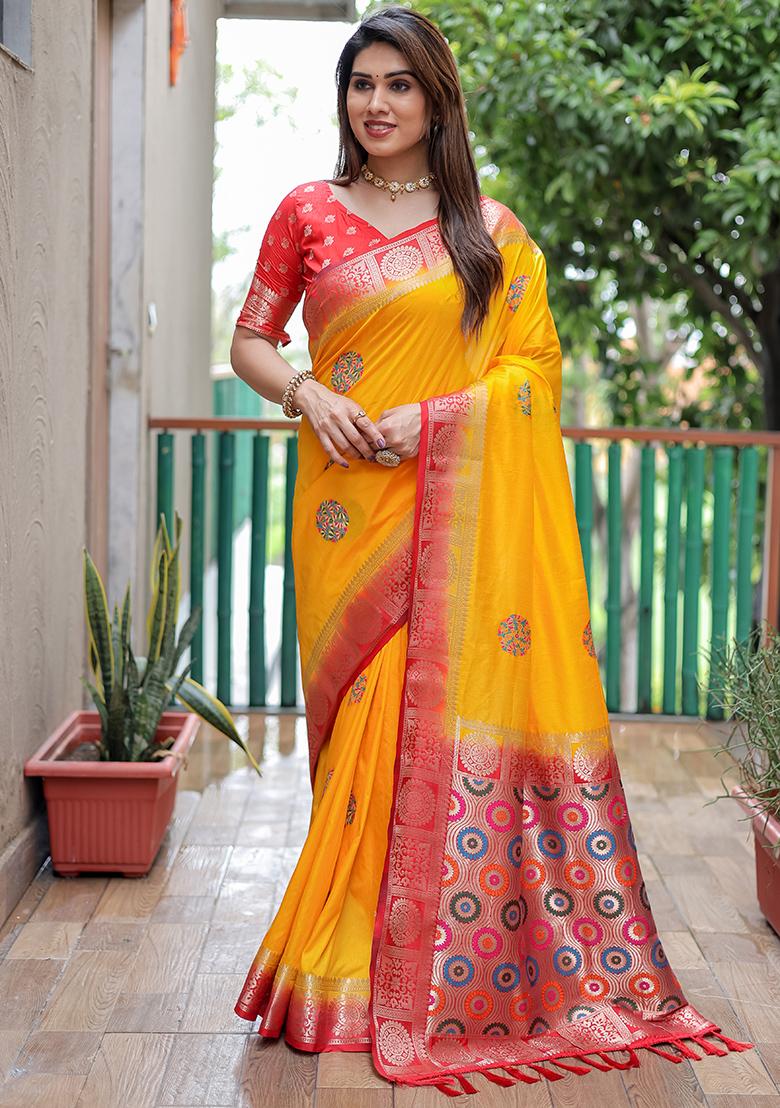 Yellow Woven Silk Saree Set