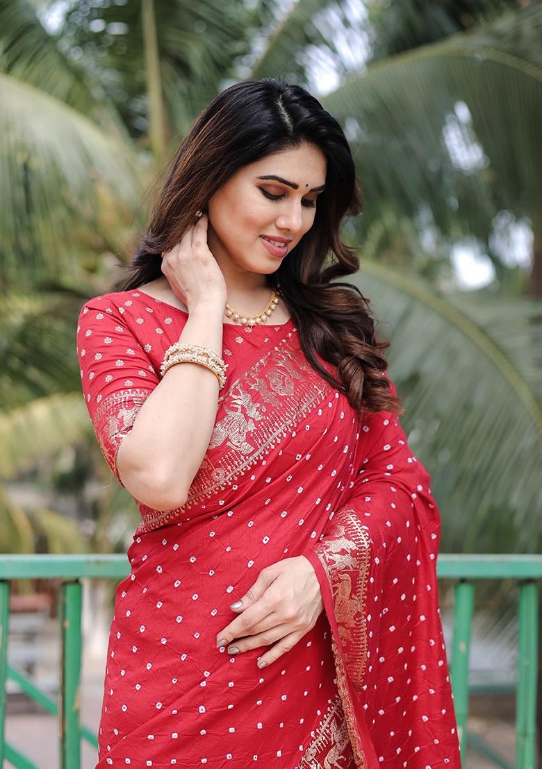 Red Bandhani Print Silk Saree Set