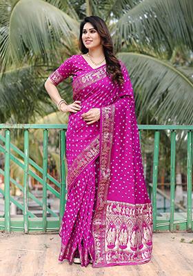 Magenta Bandhani Print Silk Saree Set