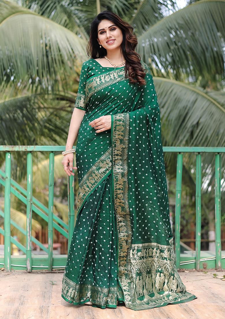 Green Bandhani Print Silk Saree Set
