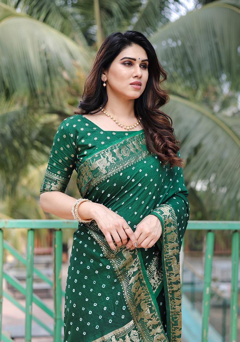 Green Bandhani Print Silk Saree Set