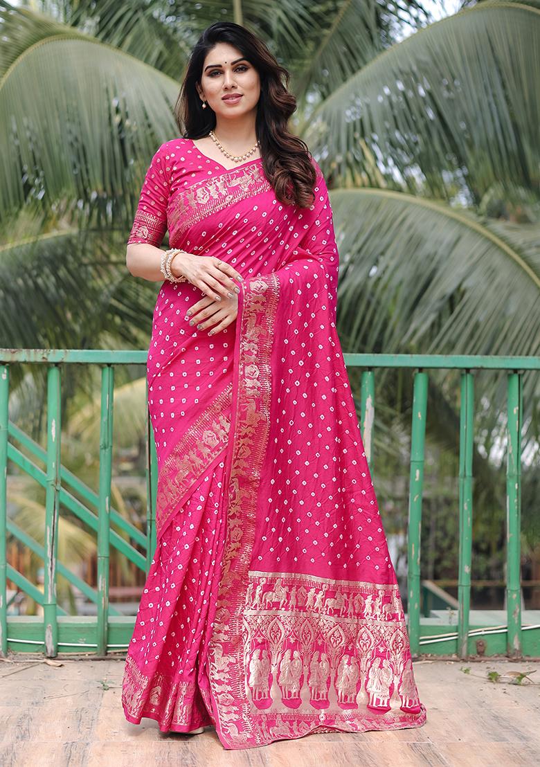 Rani Pink Bandhani Print Silk Saree Set