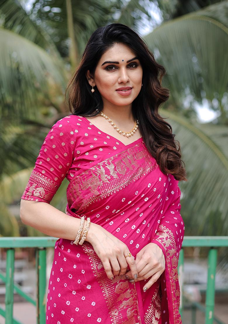 Rani Pink Bandhani Print Silk Saree Set