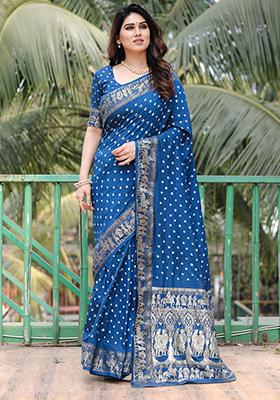 Blue Bandhani Print Silk Saree Set