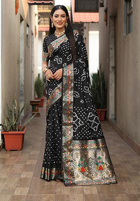 Black Printed Silk Saree Set
