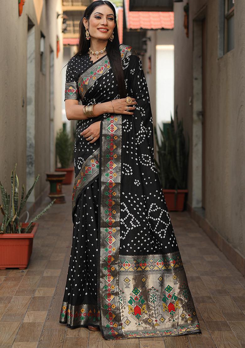 Black Printed Silk Saree Set