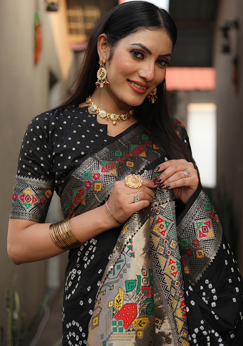 Black Printed Silk Saree Set