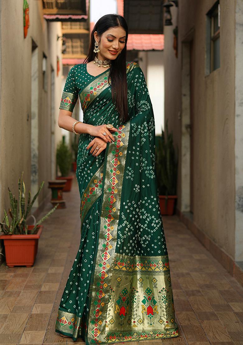 Dark Green Printed Silk Saree Set