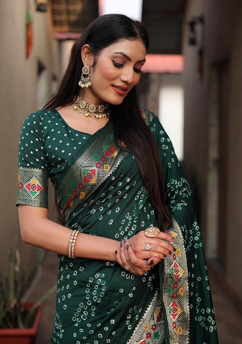Dark Green Printed Silk Saree Set