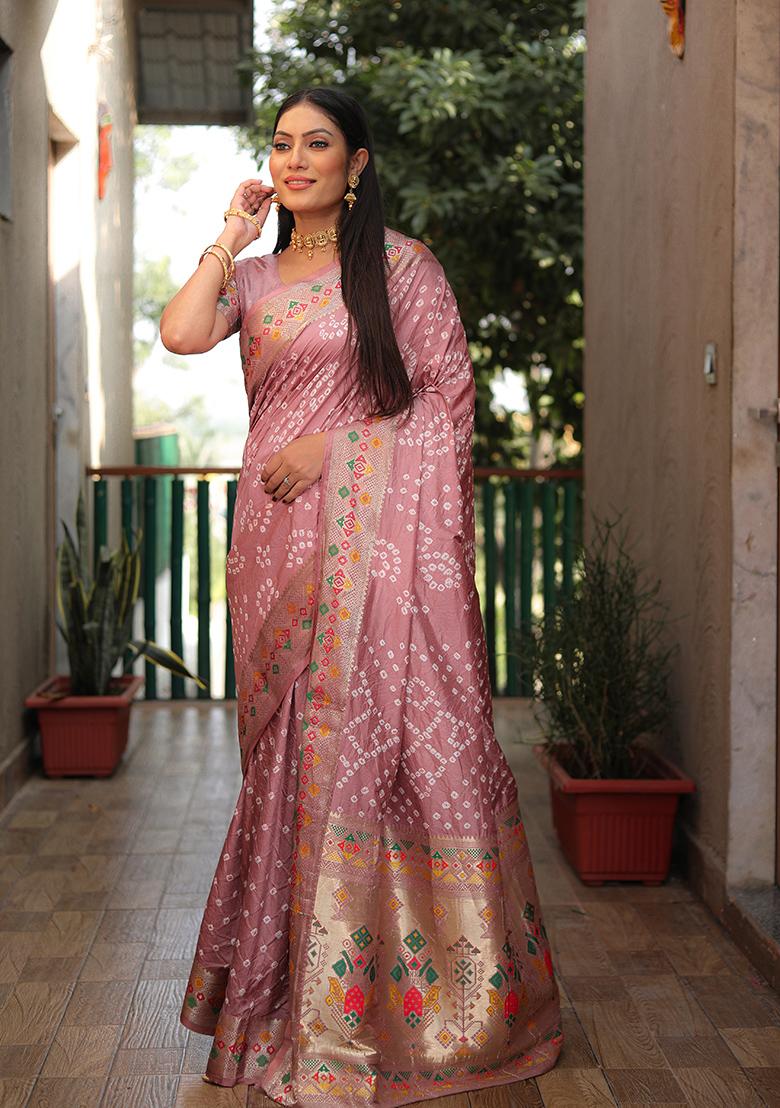 Light Pink Printed Silk Saree Set