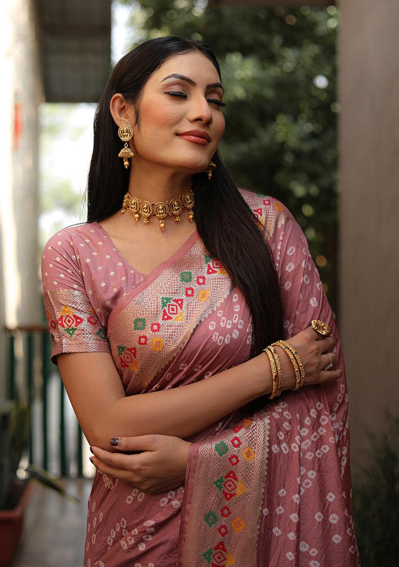 Light Pink Printed Silk Saree Set
