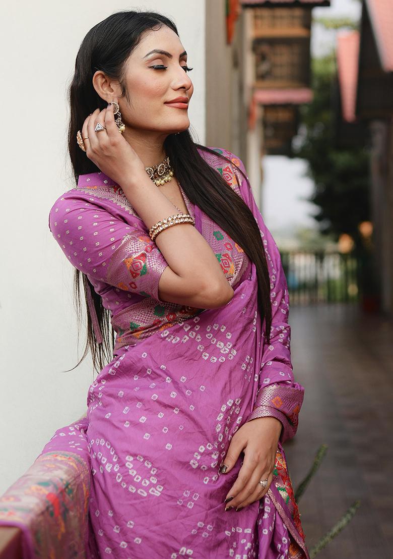 Lavender Printed Silk Saree Set