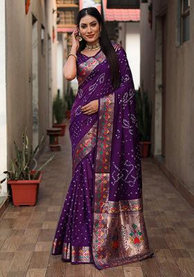 Purple Printed Silk Saree Set