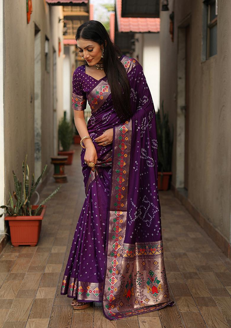 Purple Printed Silk Saree Set