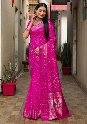 Rani Pink Printed Silk Saree Set