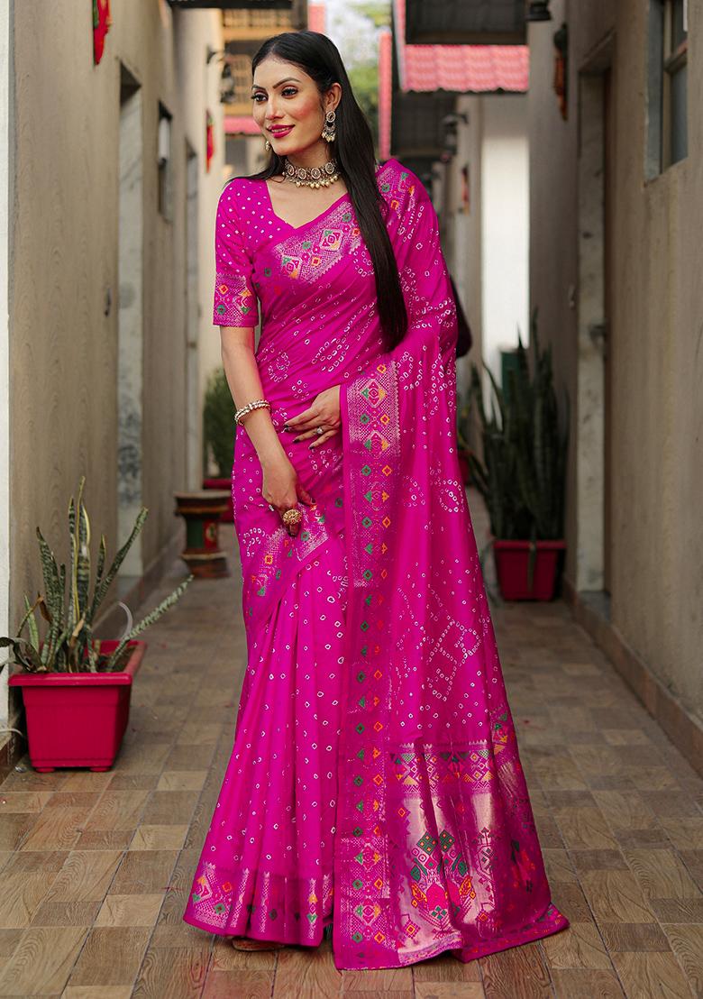 Rani Pink Printed Silk Saree Set