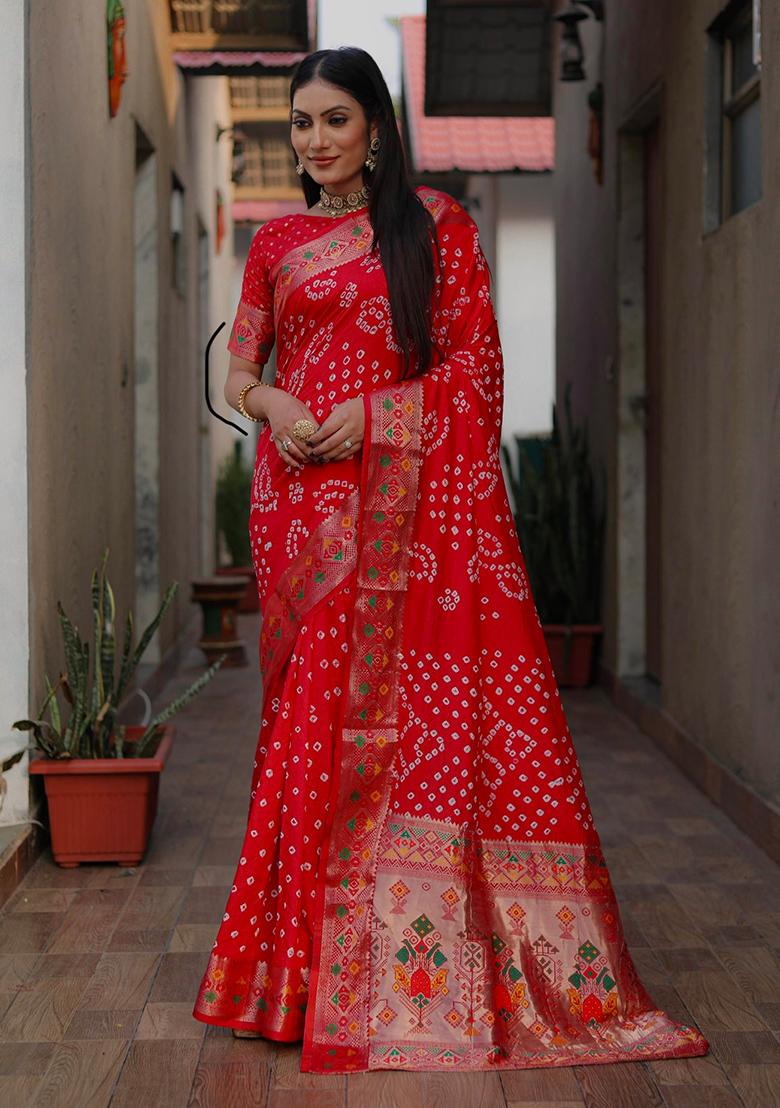 Red Printed Silk Saree Set