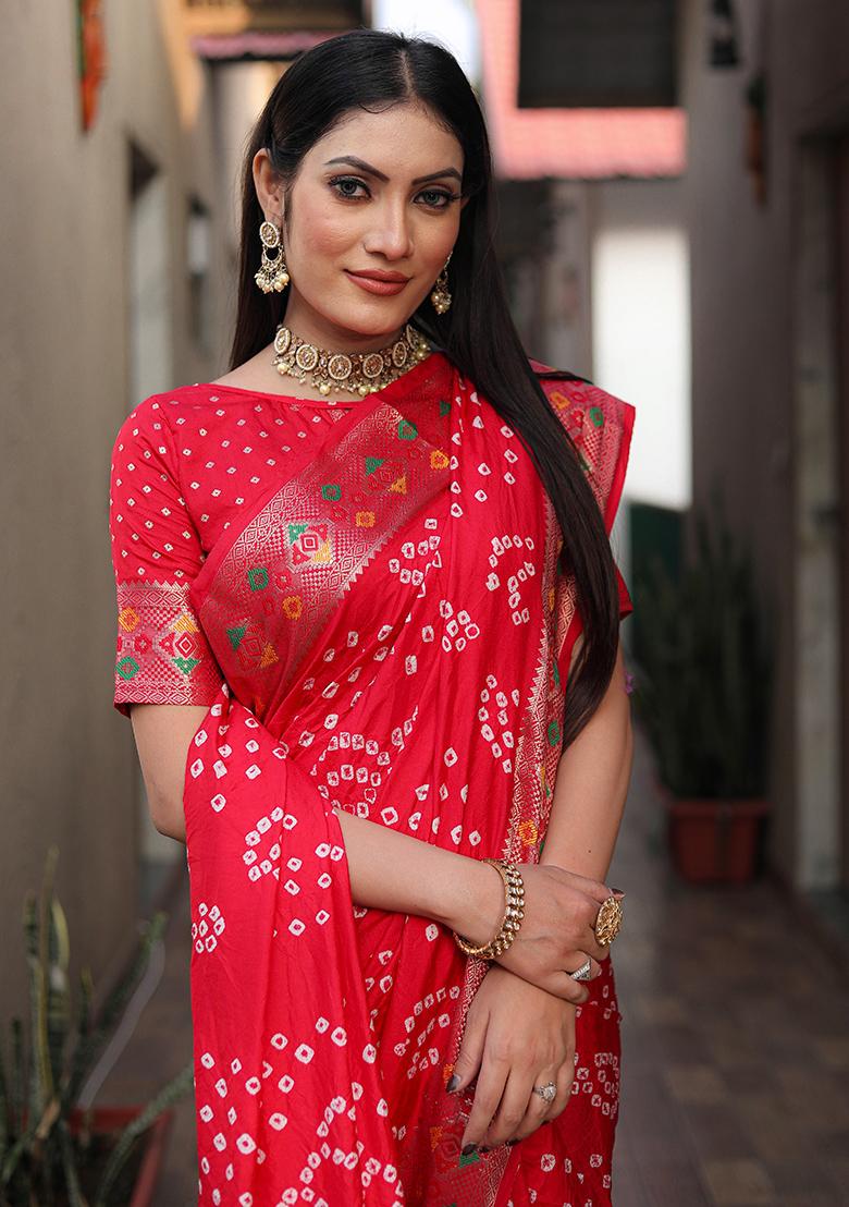 Red Printed Silk Saree Set