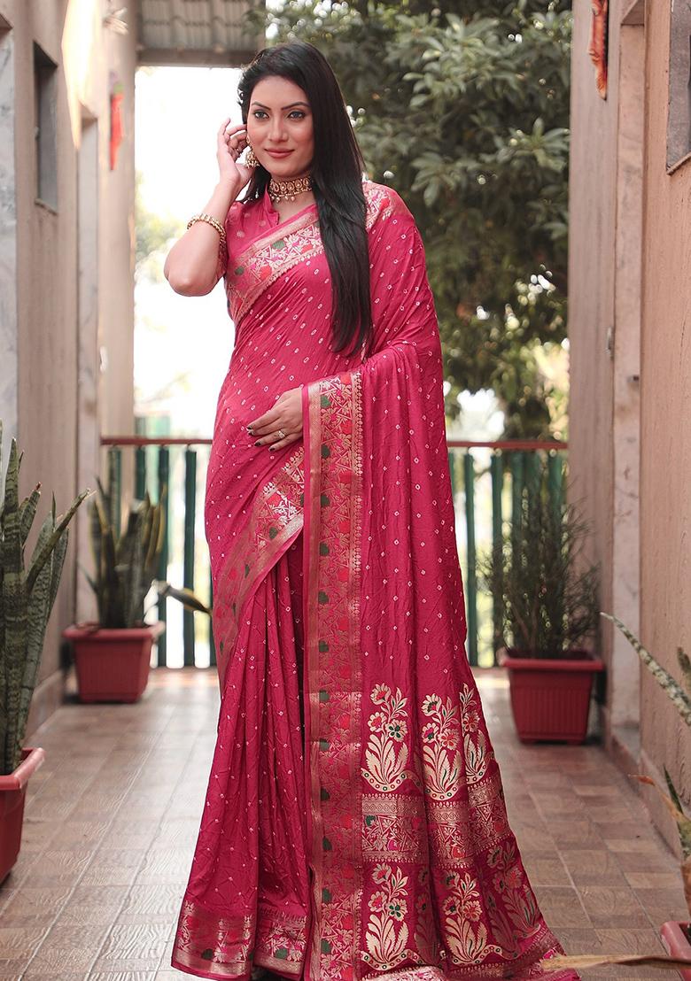 Carrot Red Bandhani Print Silk Saree Set