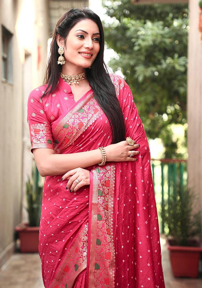 Carrot Red Bandhani Print Silk Saree Set