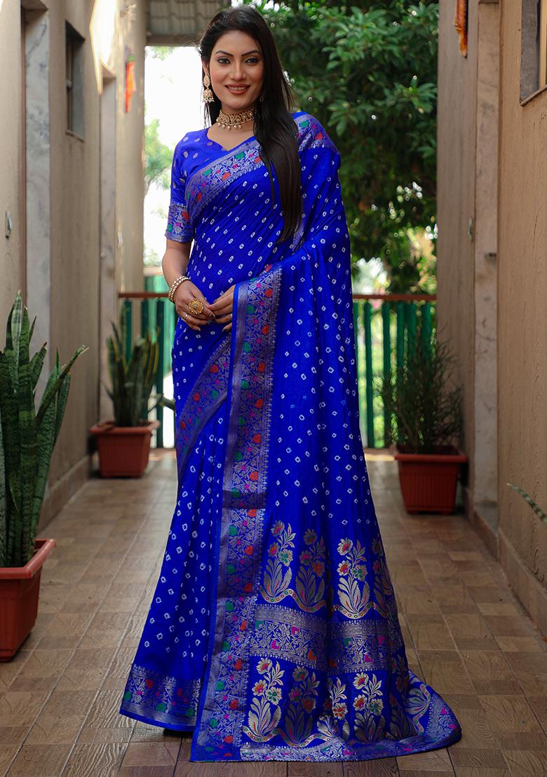 Dark Blue Bandhani Print Silk Saree Set