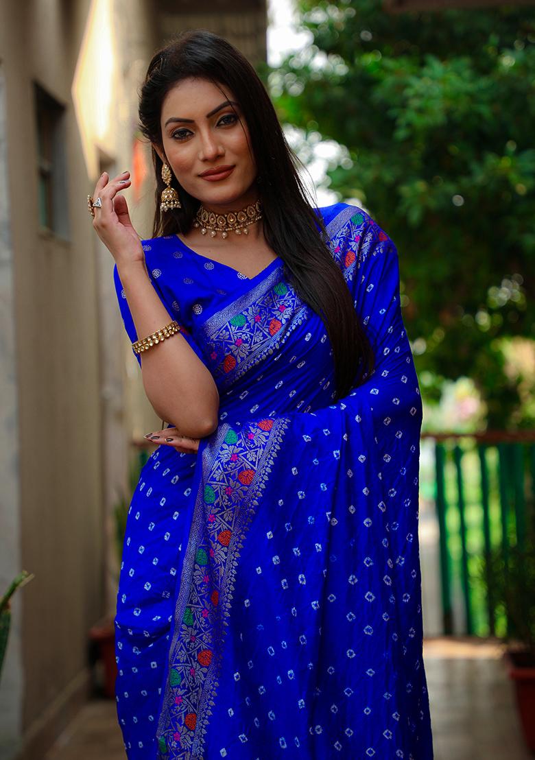 Dark Blue Bandhani Print Silk Saree Set