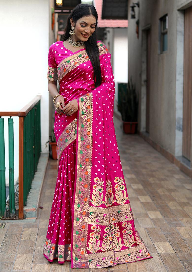 Pink Bandhani Print Silk Saree Set
