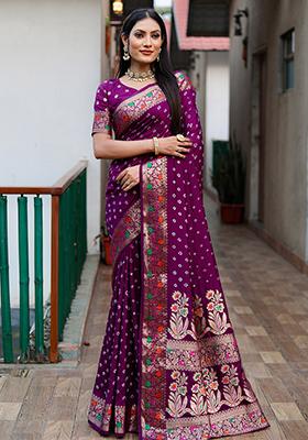 Purple Bandhani Print Silk Saree Set