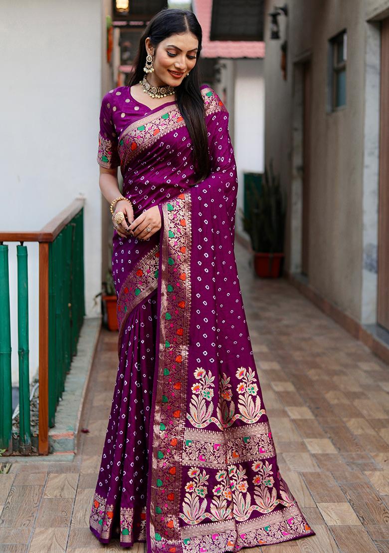 Purple Bandhani Print Silk Saree Set