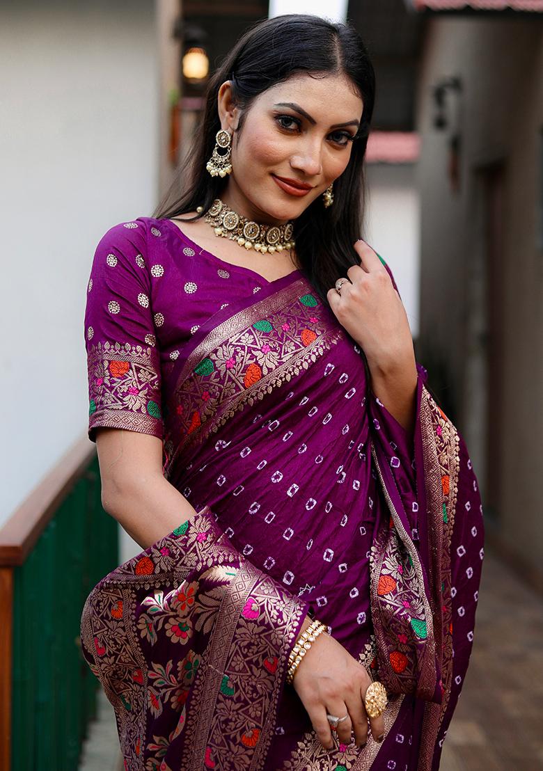 Purple Bandhani Print Silk Saree Set