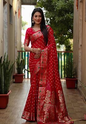 Red Bandhani Print Silk Saree Set