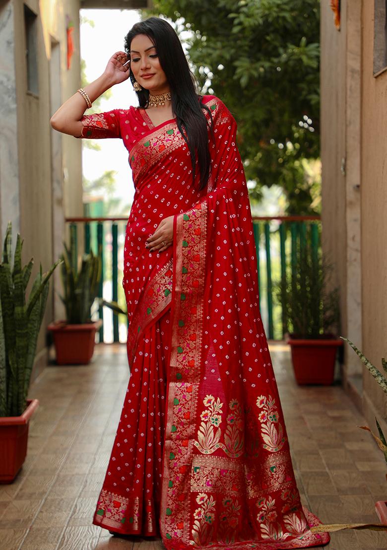 Red Bandhani Print Silk Saree Set