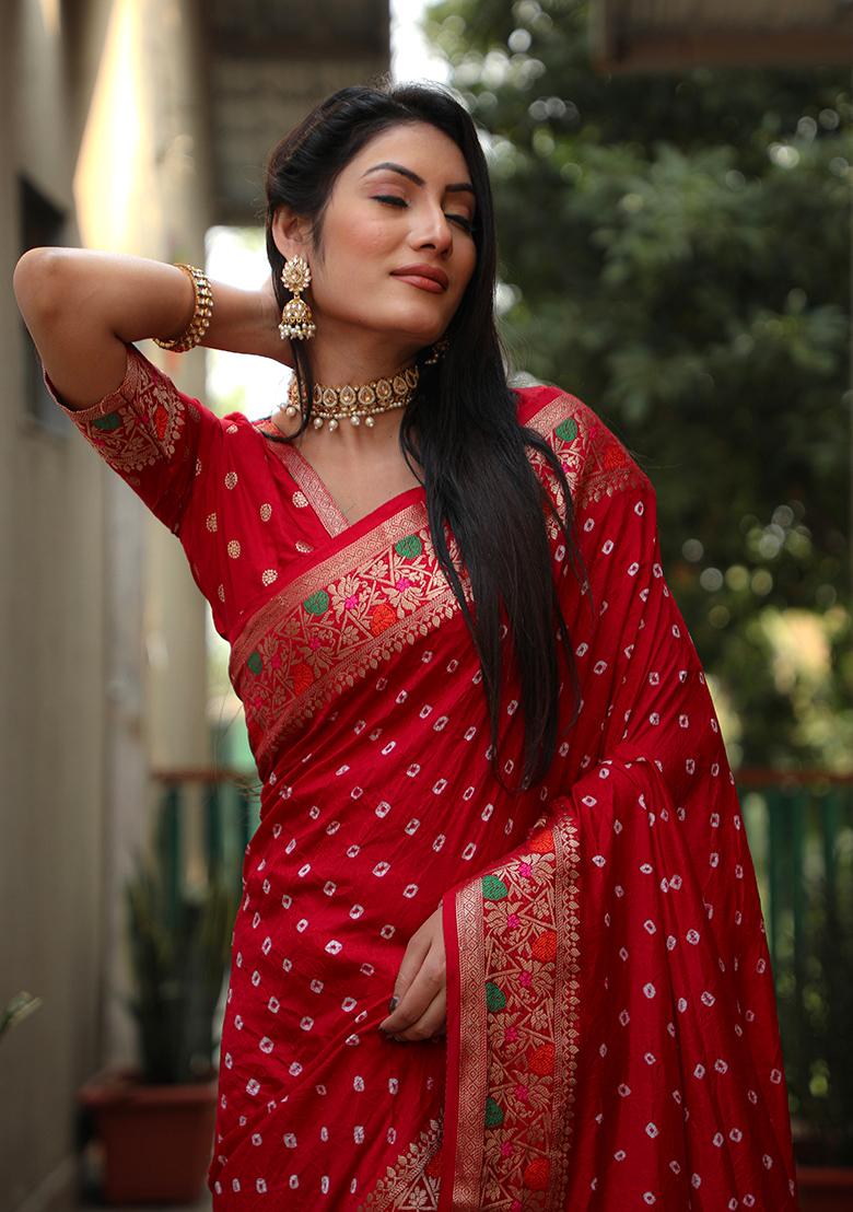 Red Bandhani Print Silk Saree Set