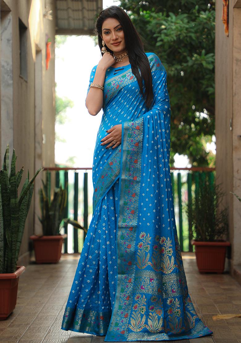 Vibrant Blue Bandhani Print Silk Saree Set