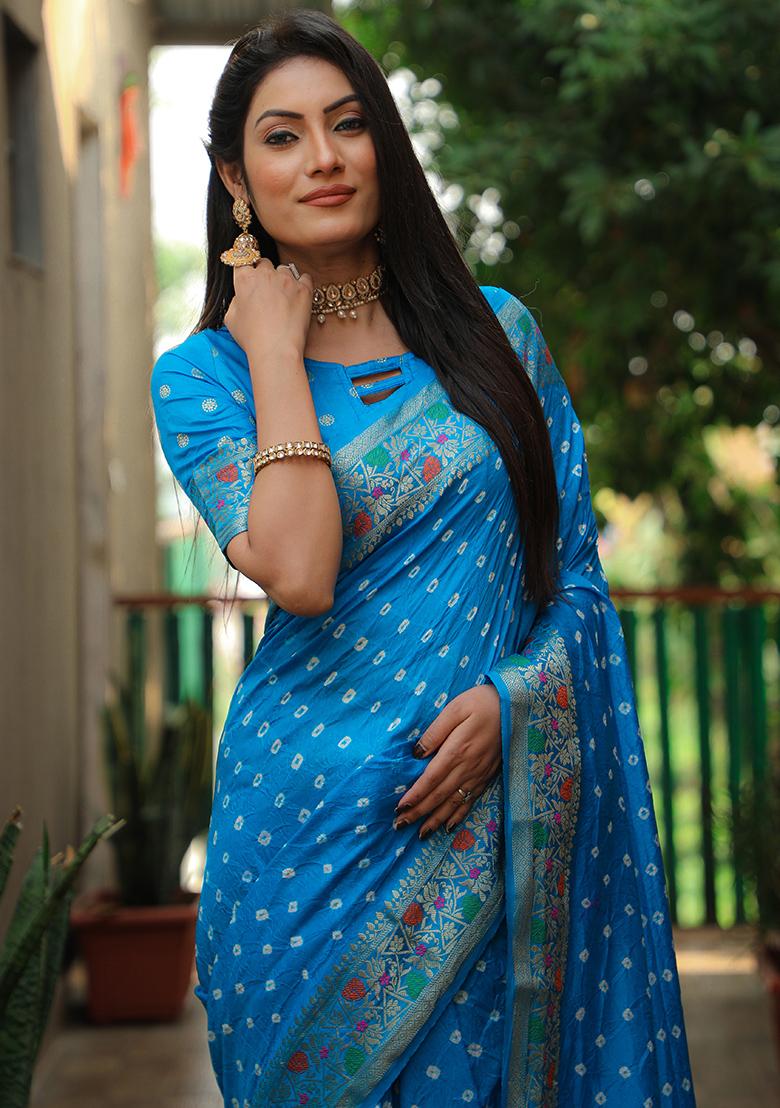 Vibrant Blue Bandhani Print Silk Saree Set