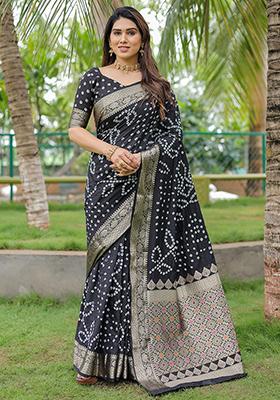 Black Bandhani Print Silk Saree Set