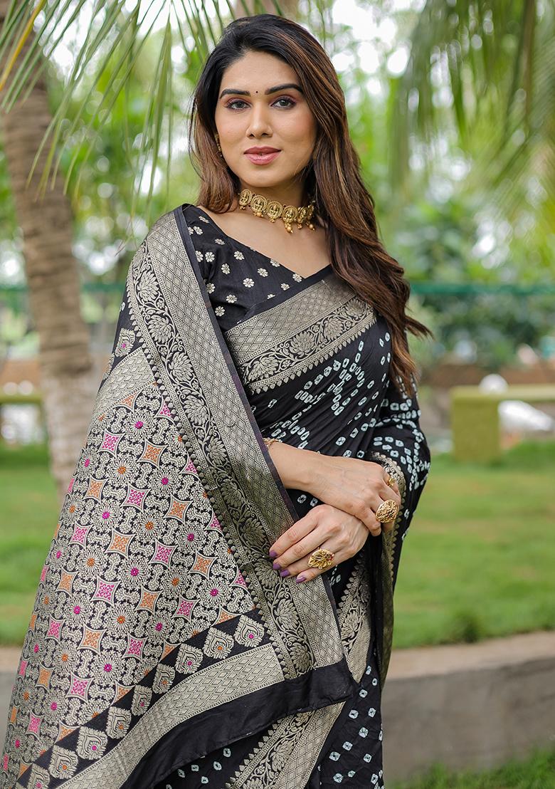 Black Bandhani Print Silk Saree Set