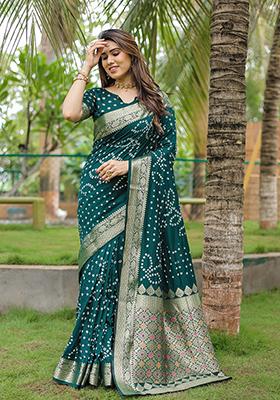 Dark Green Bandhani Print Silk Saree Set