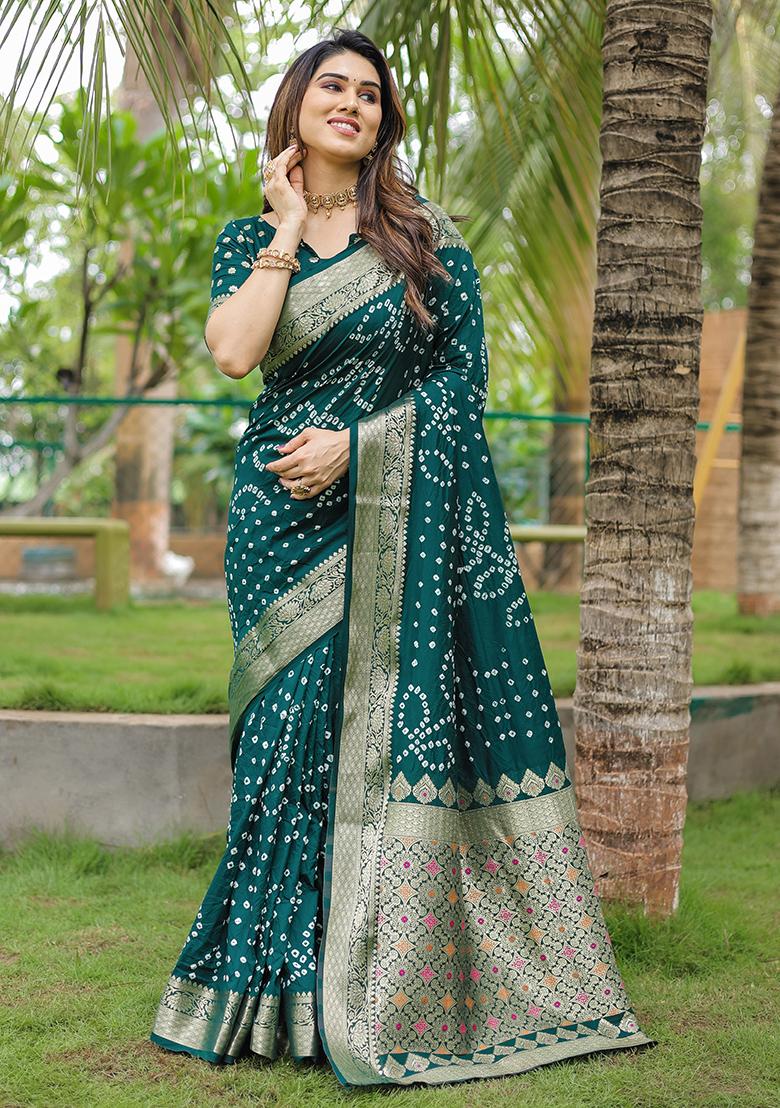 Dark Green Bandhani Print Silk Saree Set
