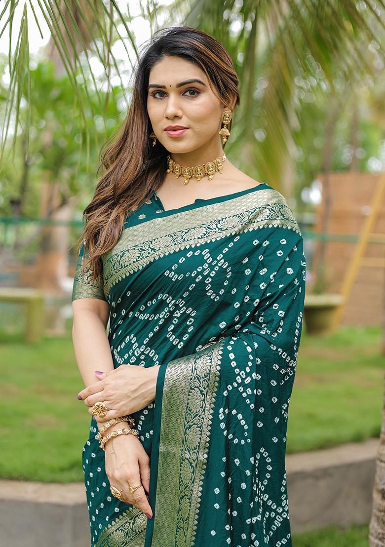 Dark Green Bandhani Print Silk Saree Set