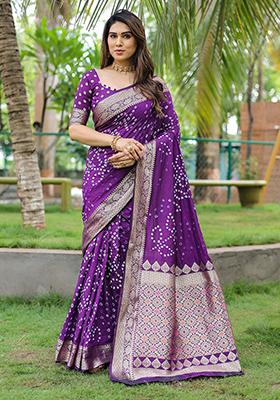 Dark Purple Bandhani Print Silk Saree Set