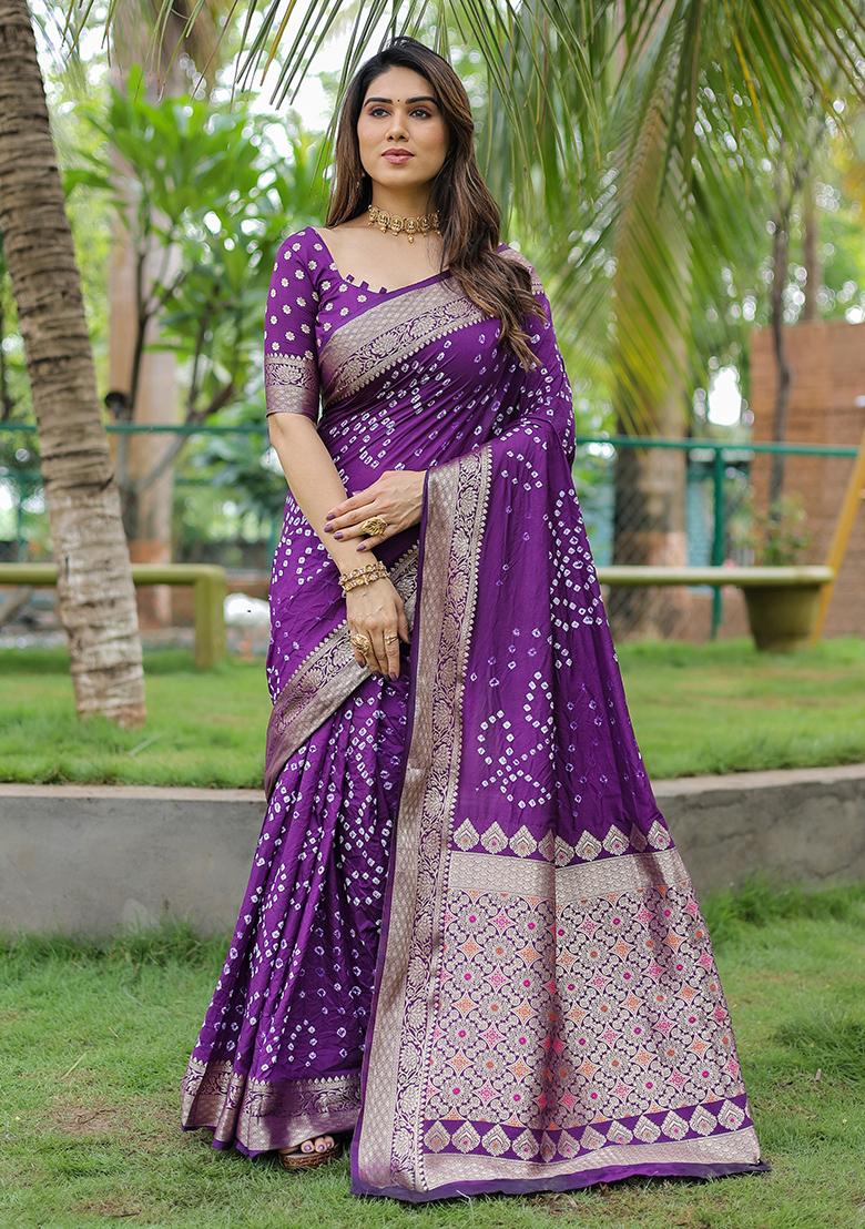 Dark Purple Bandhani Print Silk Saree Set