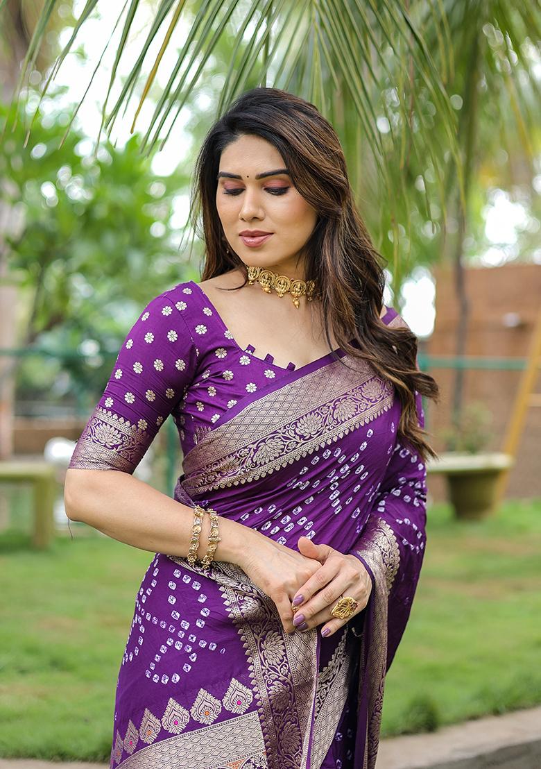Dark Purple Bandhani Print Silk Saree Set