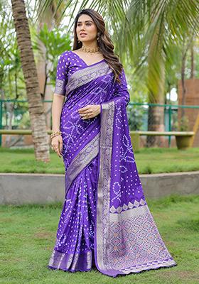 Purple Bandhani Print Silk Saree Set